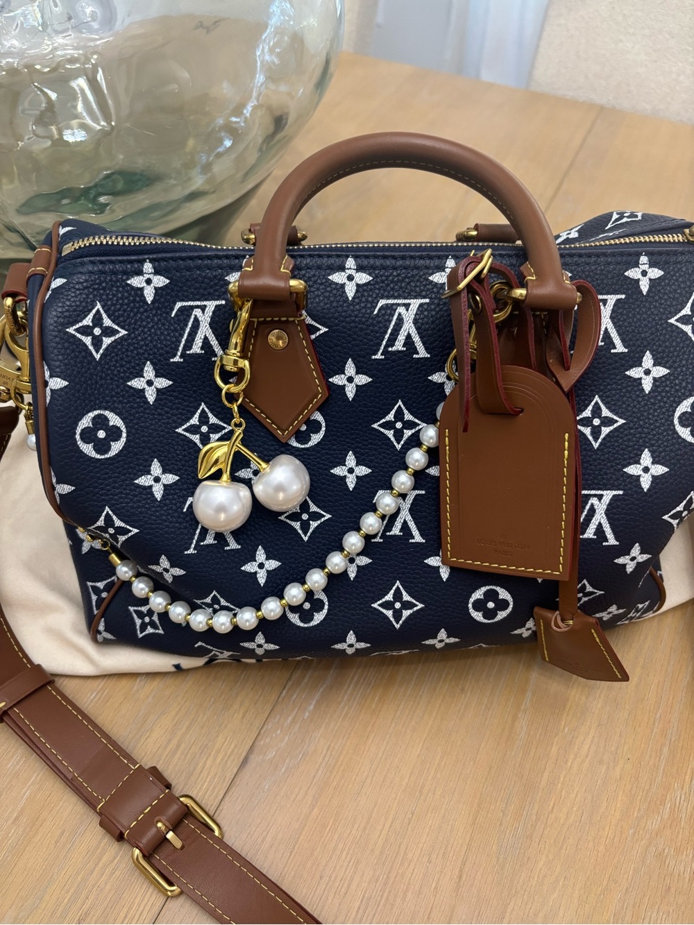 Navy Monogram Canvas Satchel with Brown Leather Trim